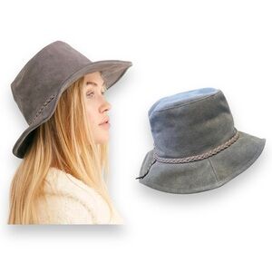 Free People Tennessee Suede Floppy Bucket Packable Hat Steel Grey Brim